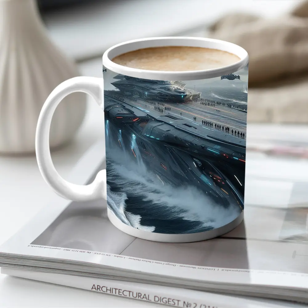 Futuristic Aircraft Carrier Stormy Ocean Scene – Mugs