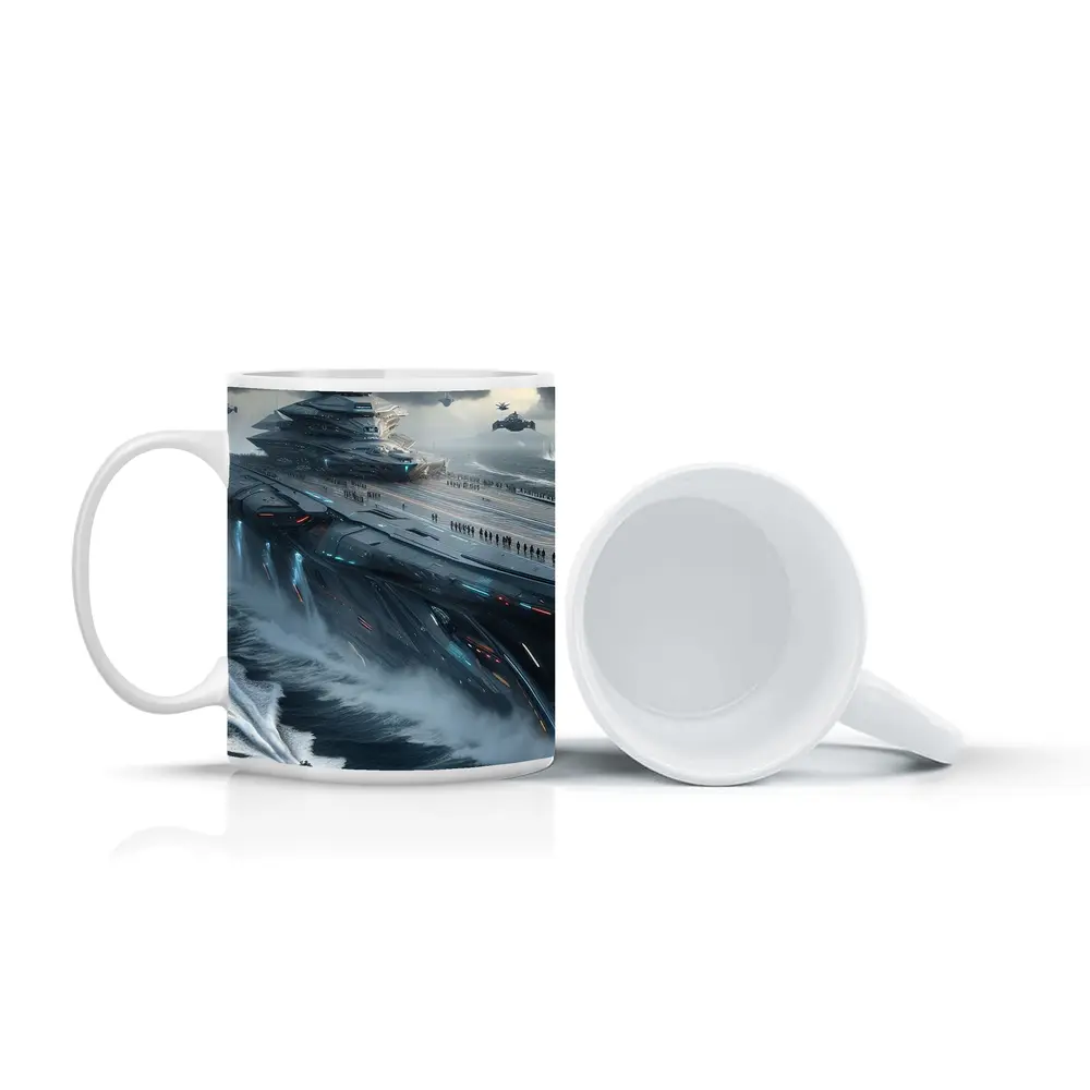 Futuristic Aircraft Carrier Stormy Ocean Scene – Mugs
