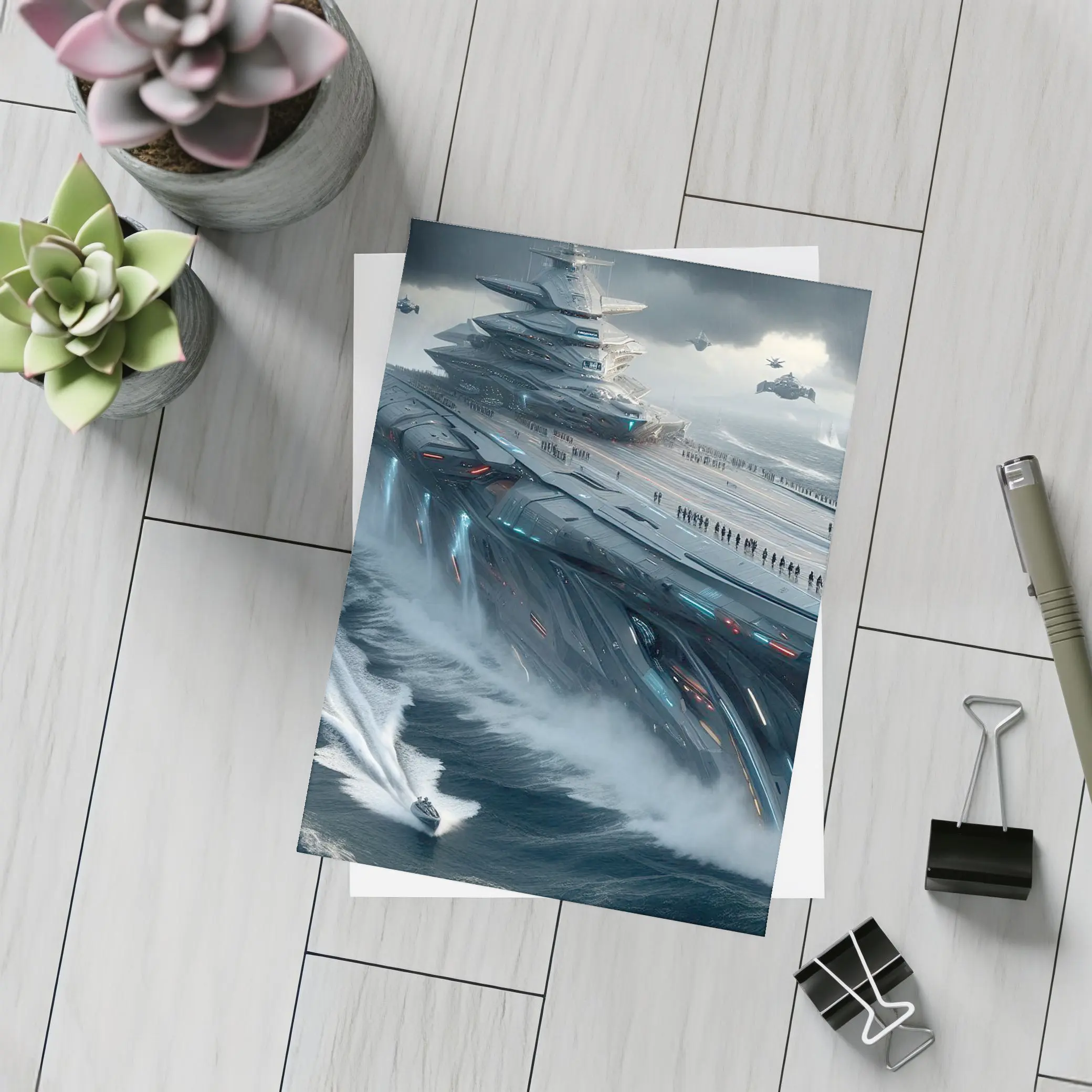 Futuristic Aircraft Carrier Stormy Ocean Scene – Postcards
