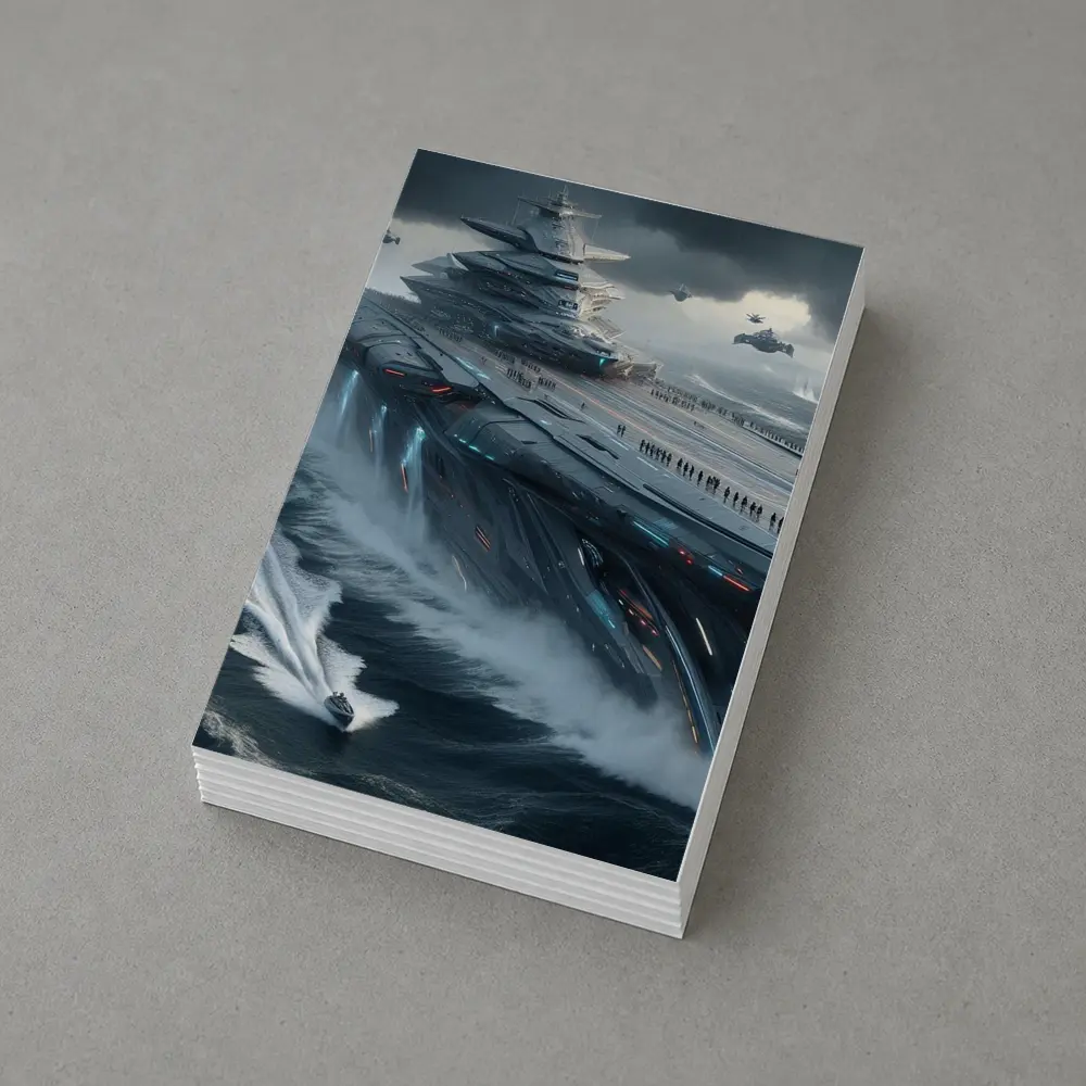 Futuristic Aircraft Carrier Stormy Ocean Scene – Postcards