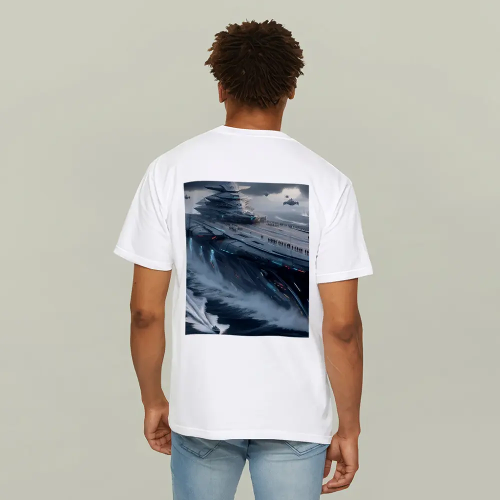 Futuristic Aircraft Carrier Stormy Ocean Scene – T-Shirts