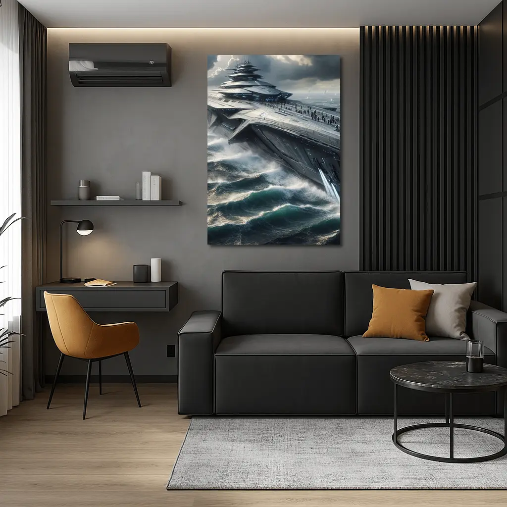 Futuristic Aircraft Carrier Crashing Ocean Waves – Wall Art