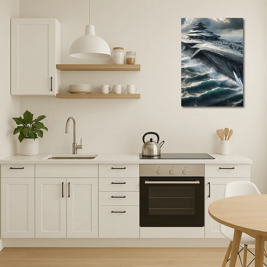 Futuristic Aircraft Carrier Crashing Ocean Waves – Wall Art