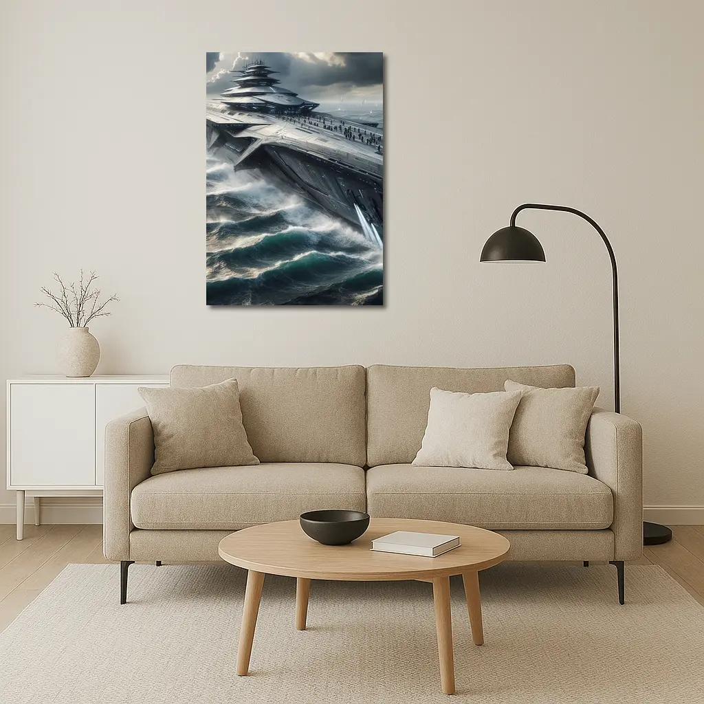 Futuristic Aircraft Carrier Crashing Ocean Waves – Wall Art