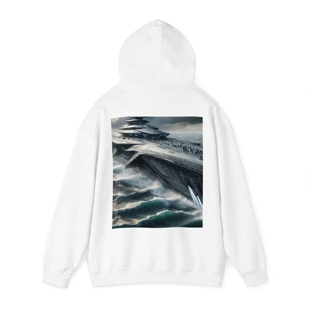 Futuristic Aircraft Carrier Crashing Ocean Waves – Hoodies