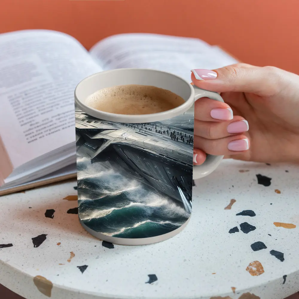 Futuristic Aircraft Carrier Crashing Ocean Waves – Mugs
