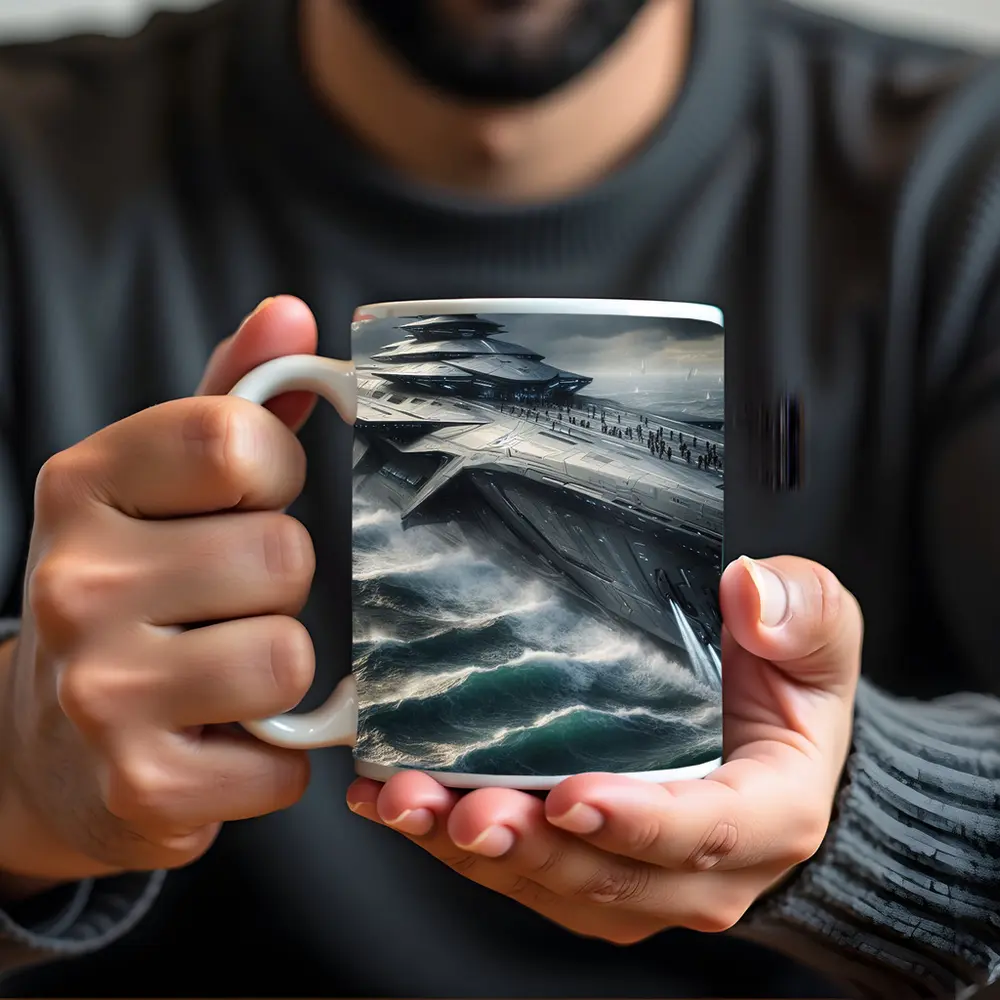 Futuristic Aircraft Carrier Crashing Ocean Waves – Mugs
