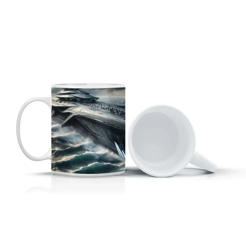 Futuristic Aircraft Carrier Crashing Ocean Waves – Mugs