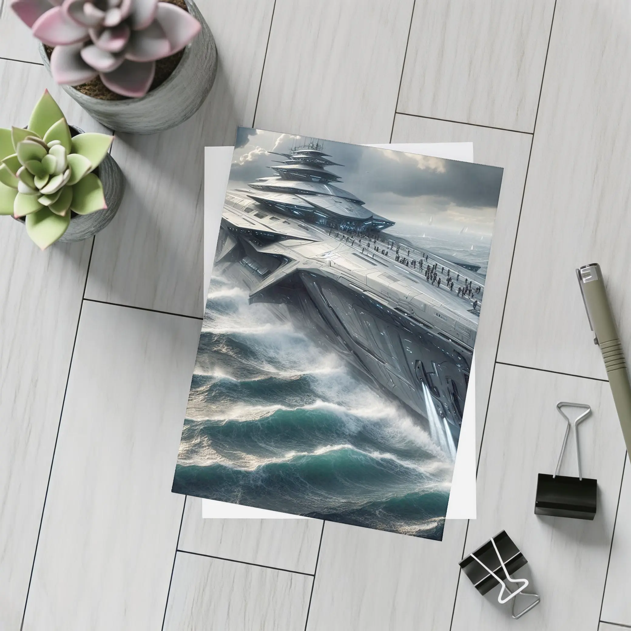 Futuristic Aircraft Carrier Crashing Ocean Waves – Postcards