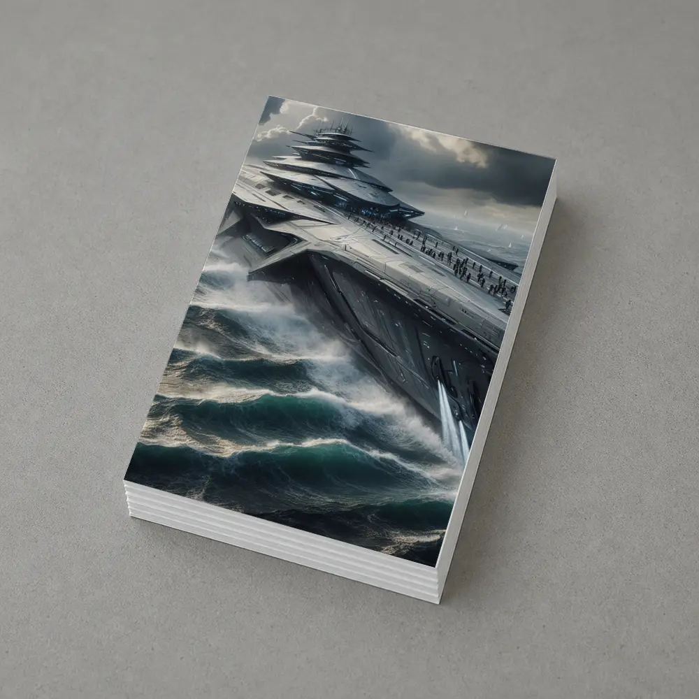 Futuristic Aircraft Carrier Crashing Ocean Waves – Postcards