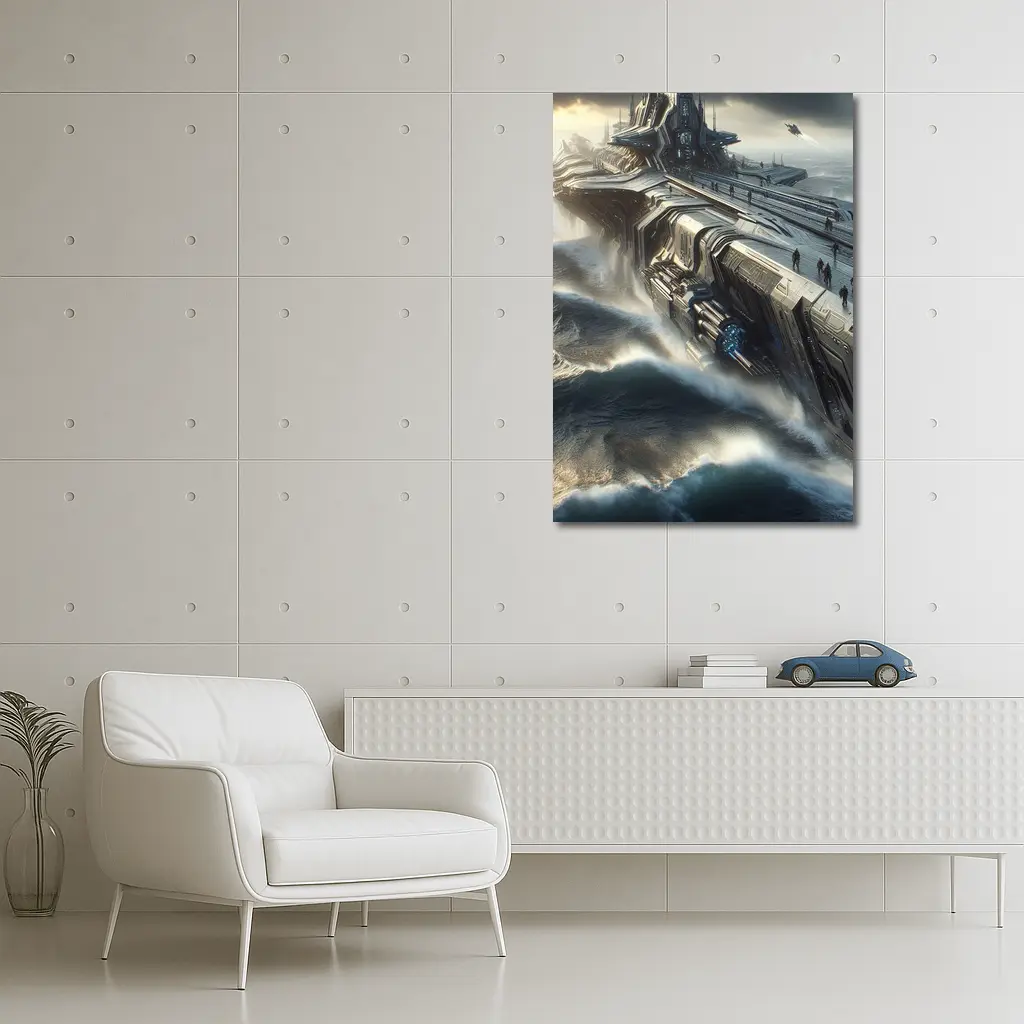 Futuristic Warship Battling Stormy Ocean Waves – Wall Art