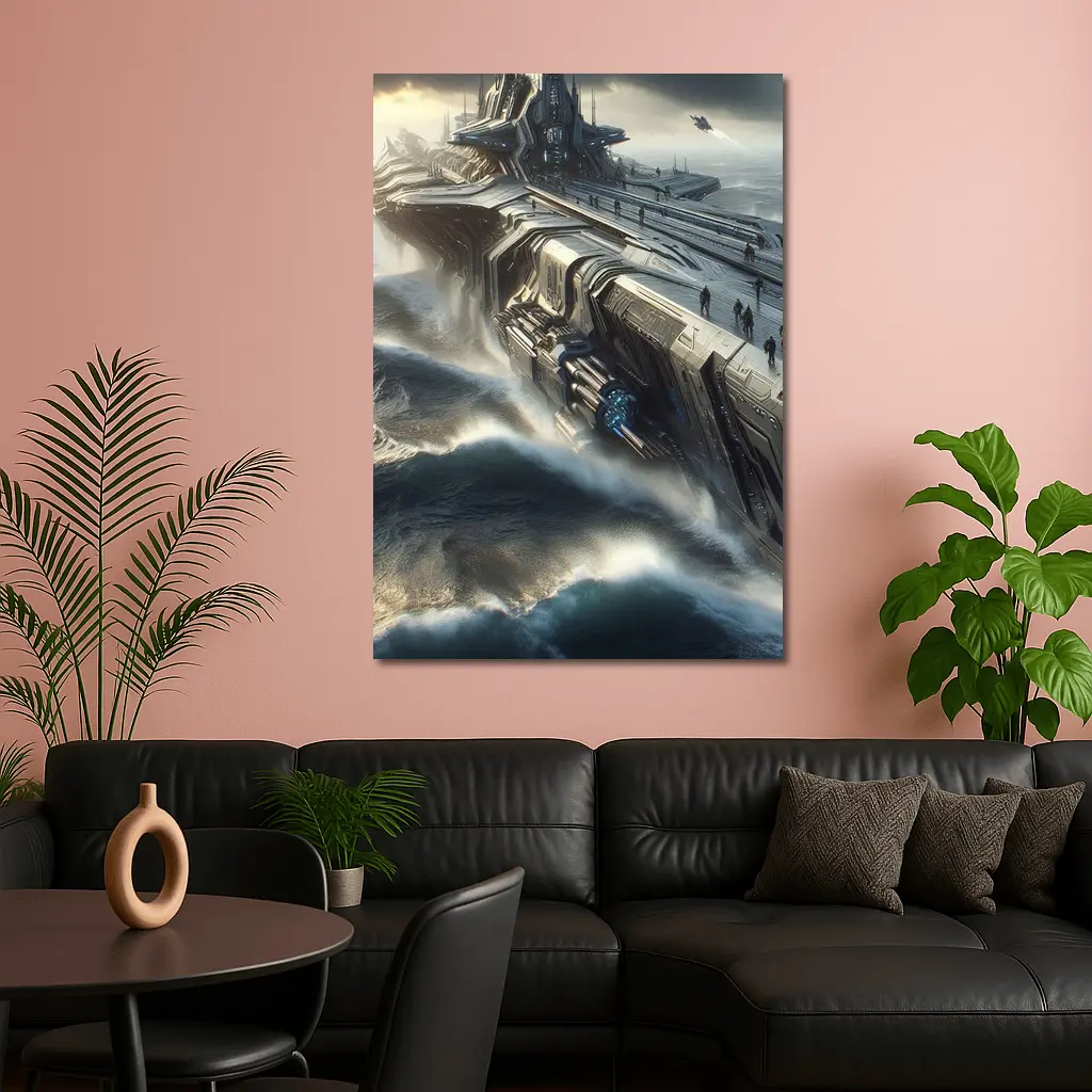 Futuristic Warship Battling Stormy Ocean Waves – Wall Art
