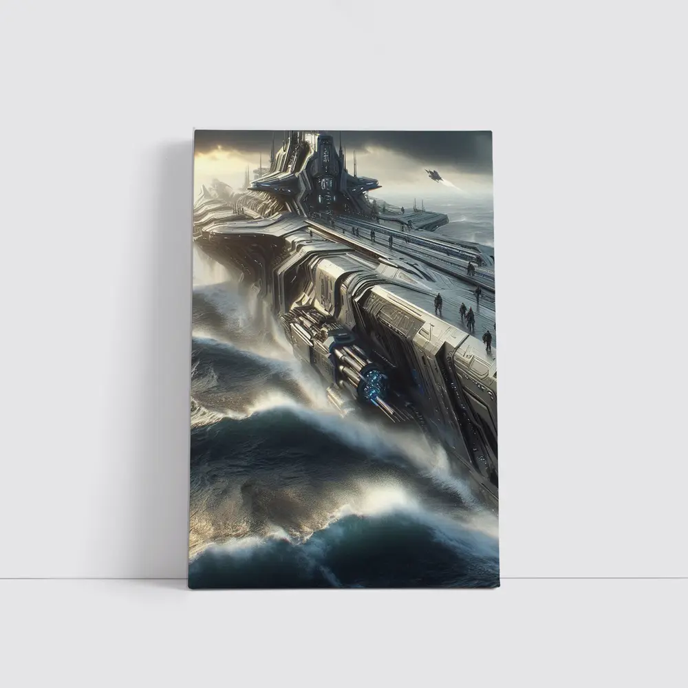 Futuristic Warship Battling Stormy Ocean Waves – Wall Art