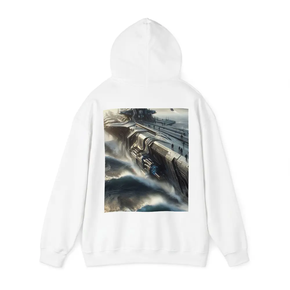 Futuristic Warship Battling Stormy Ocean Waves – Hoodies