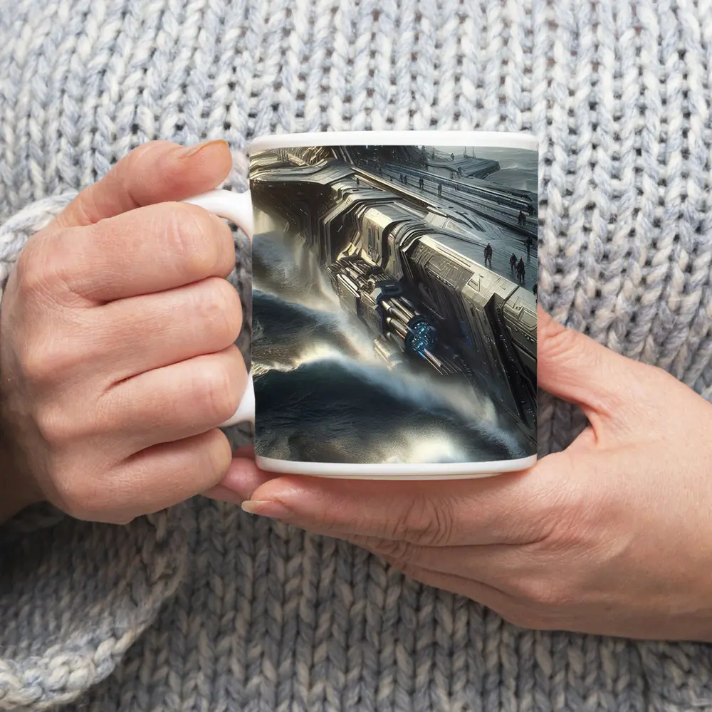 Futuristic Warship Battling Stormy Ocean Waves – Mugs