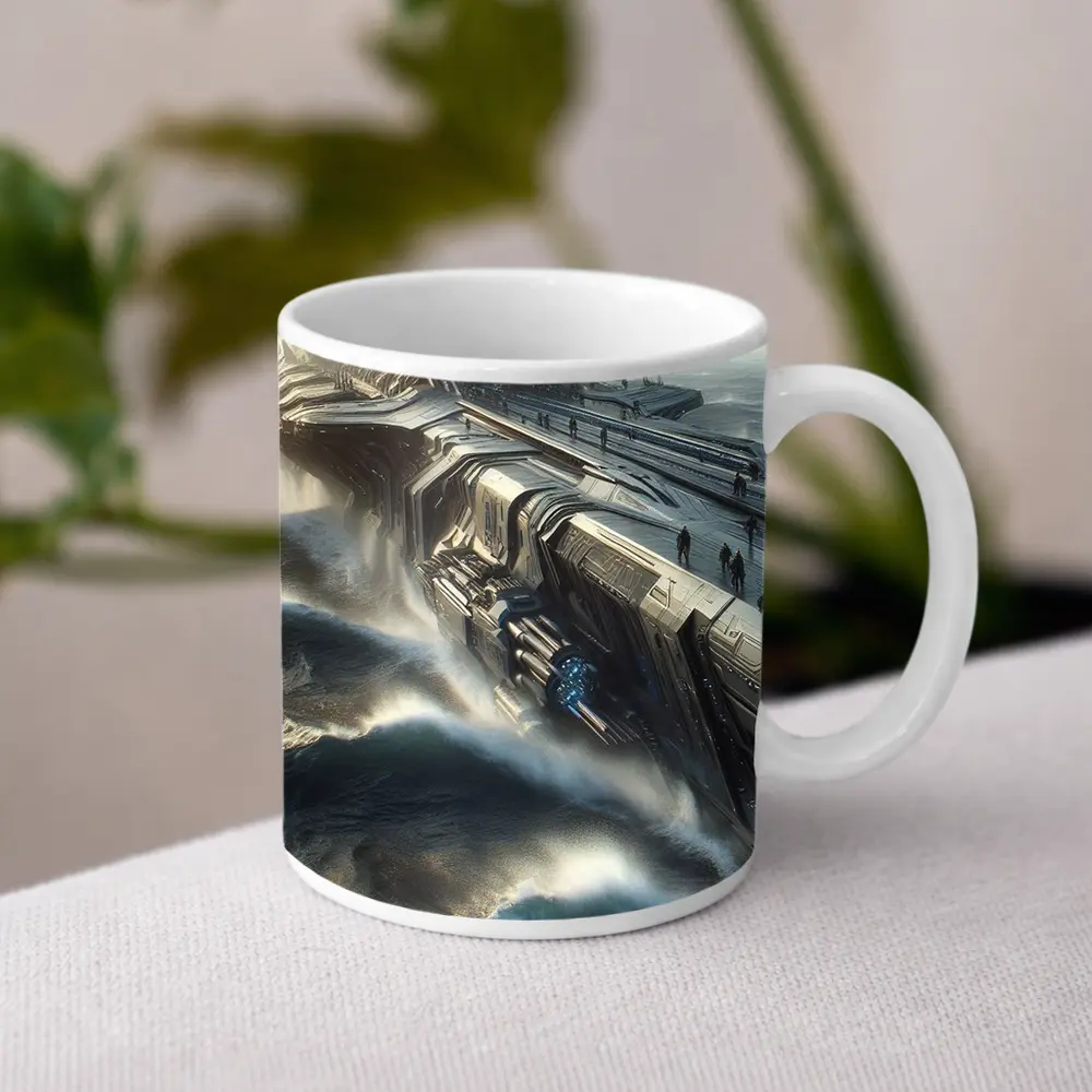 Futuristic Warship Battling Stormy Ocean Waves – Mugs