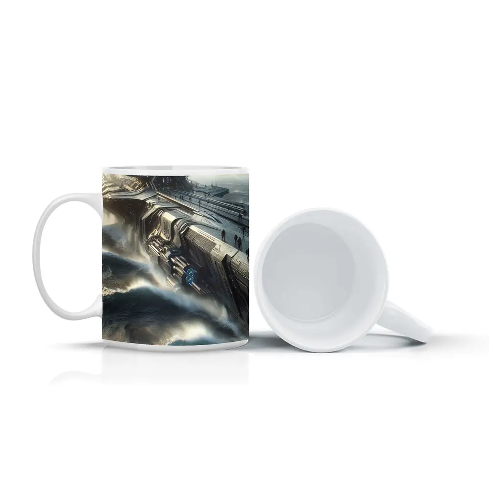 Futuristic Warship Battling Stormy Ocean Waves – Mugs