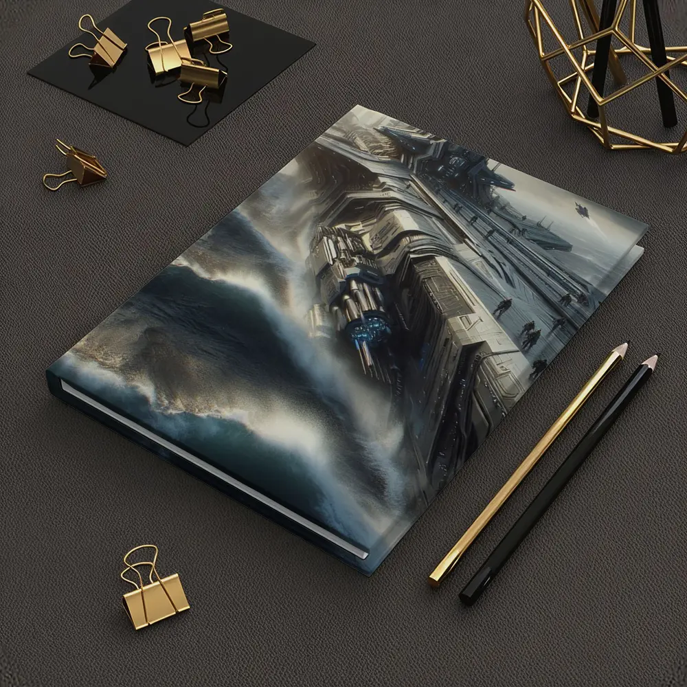 Futuristic Warship Battling Stormy Ocean Waves – Notebooks