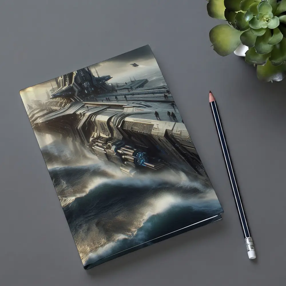 Futuristic Warship Battling Stormy Ocean Waves – Notebooks