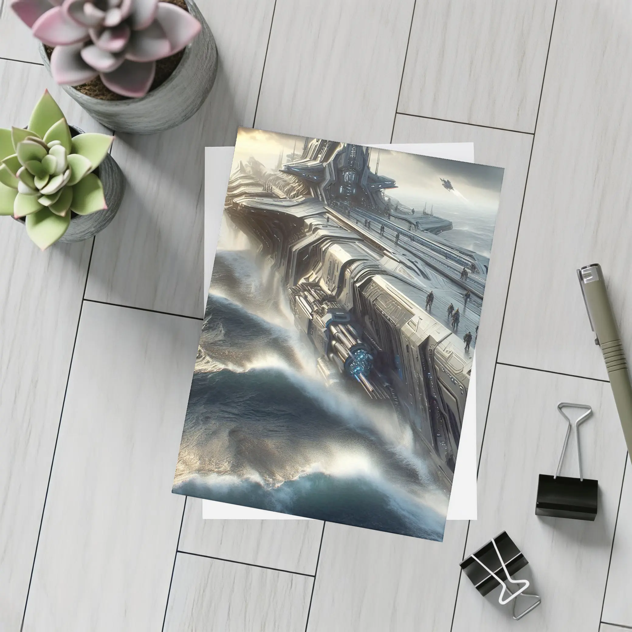 Futuristic Warship Battling Stormy Ocean Waves – Postcards