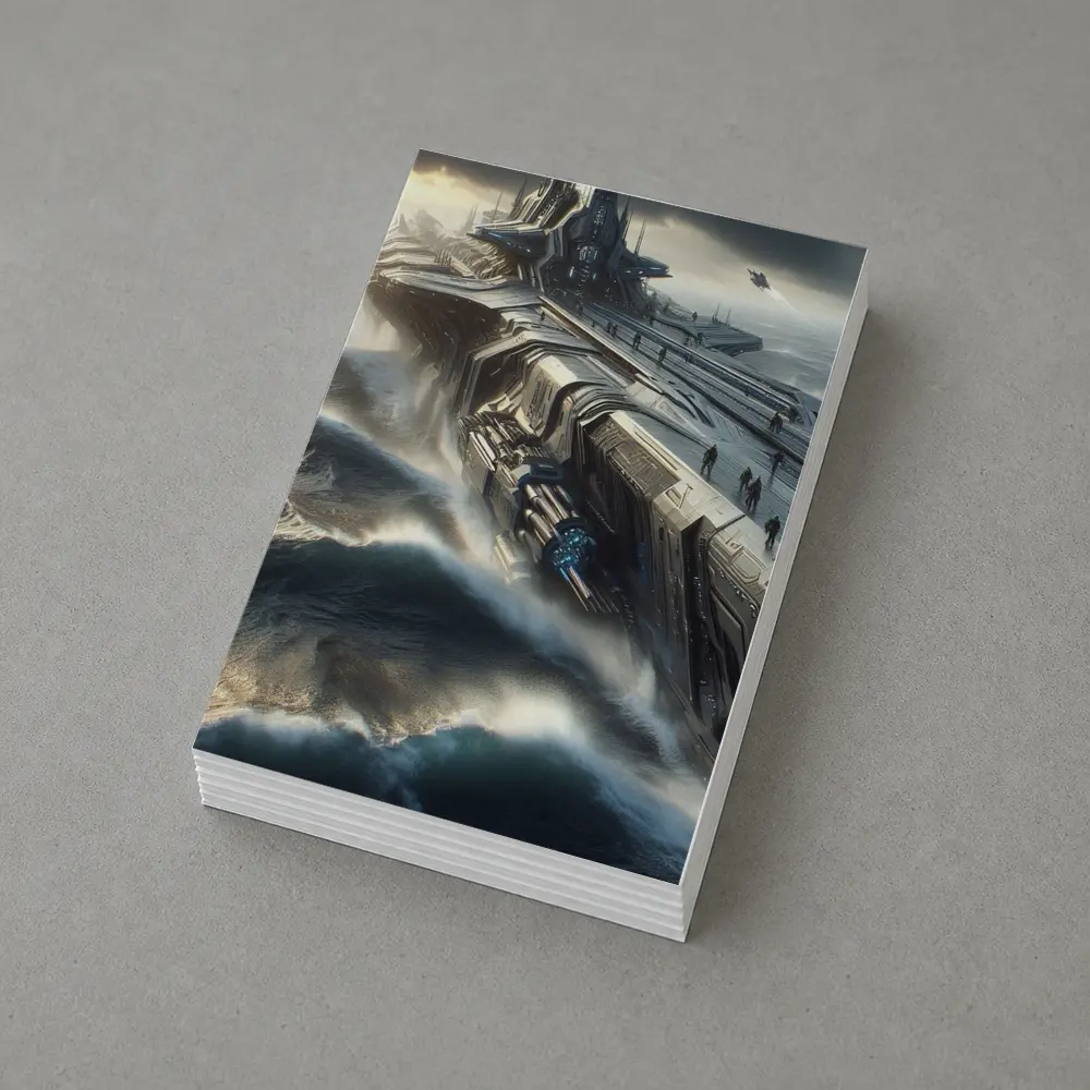 Futuristic Warship Battling Stormy Ocean Waves – Postcards