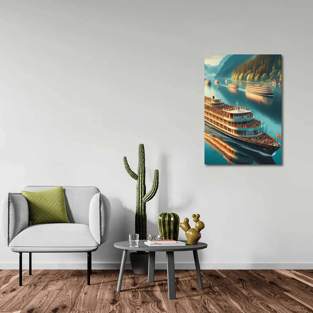 River Cruise Ships Sailing Mountain Lake – Wall Art