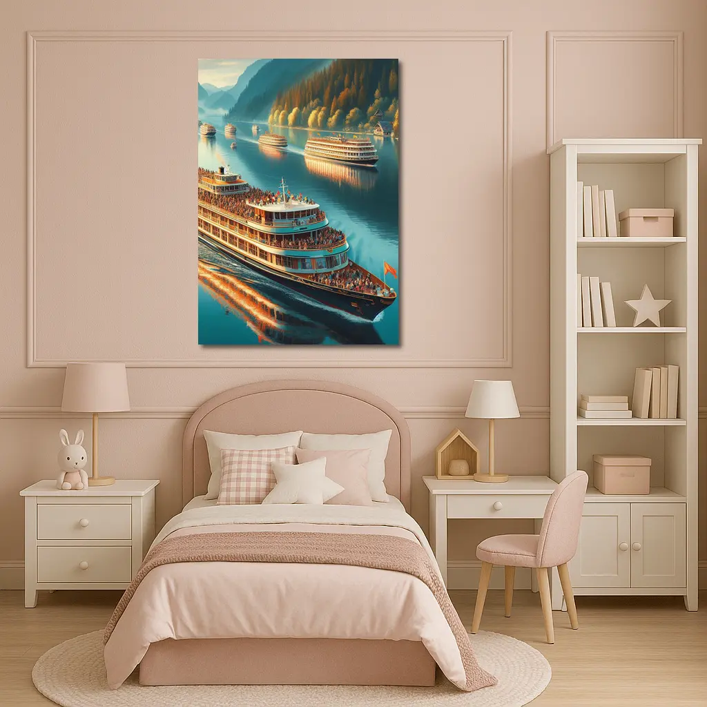 River Cruise Ships Sailing Mountain Lake – Wall Art