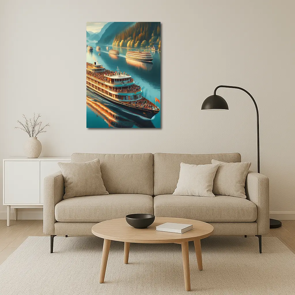 River Cruise Ships Sailing Mountain Lake – Wall Art