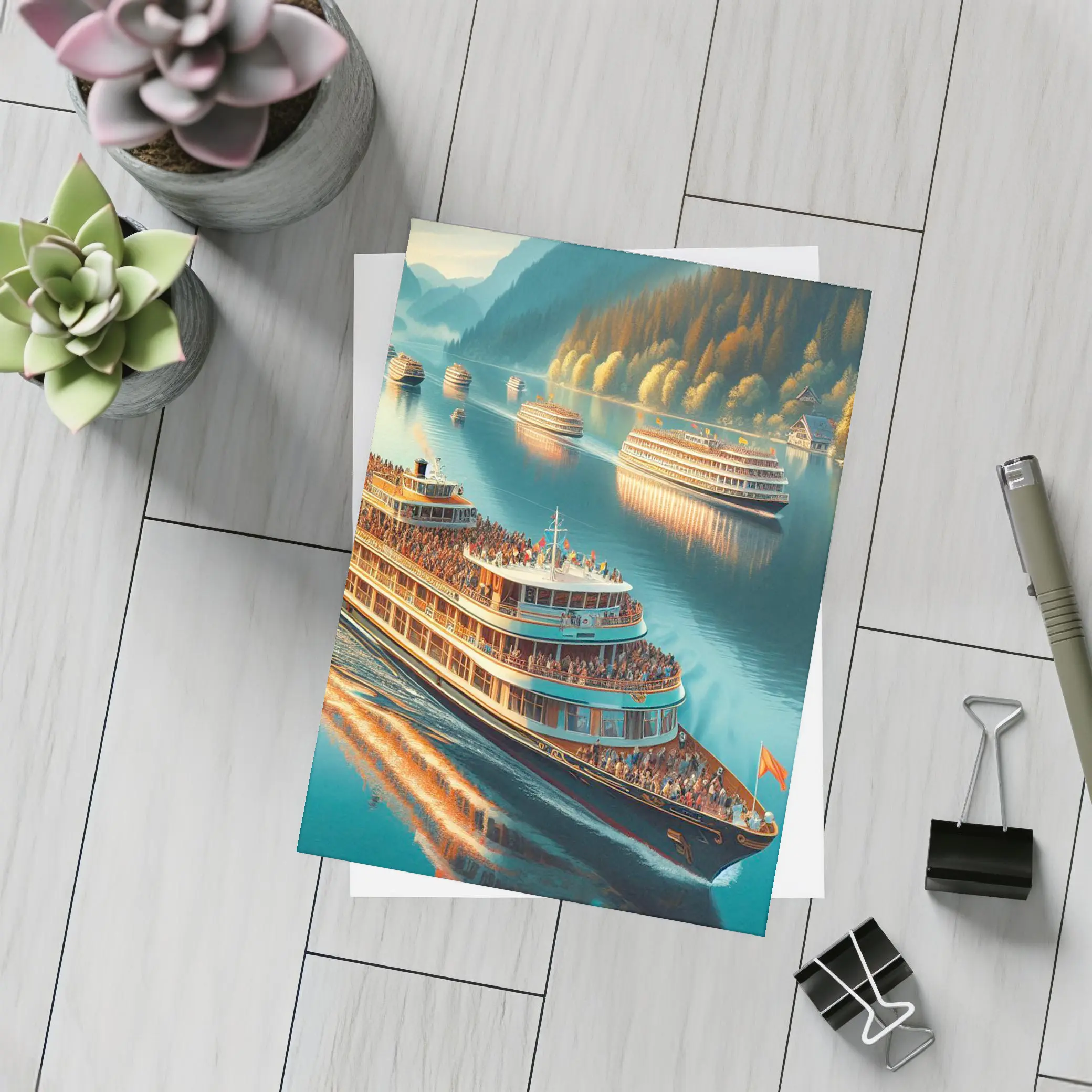 River Cruise Ships Sailing Mountain Lake – Postcards