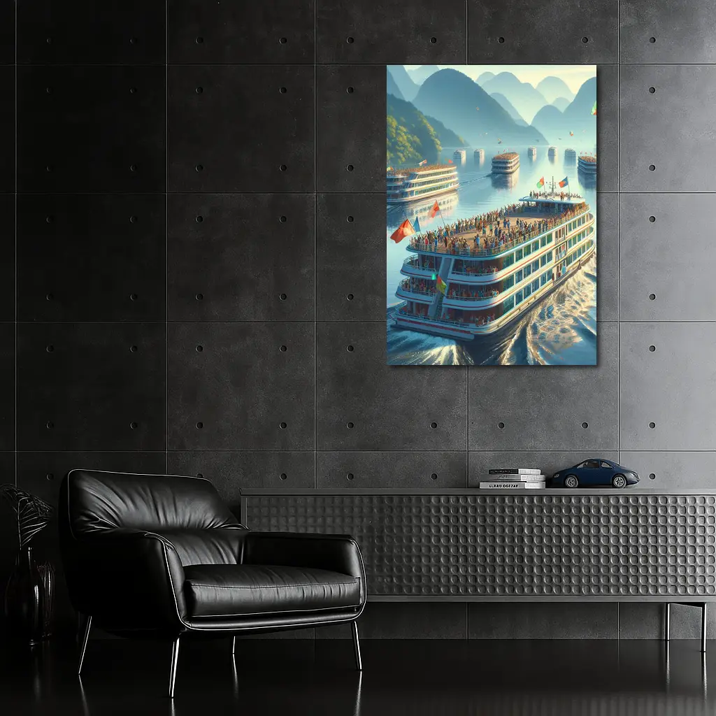 River Cruise Ships Misty Mountain Landscape – Wall Art