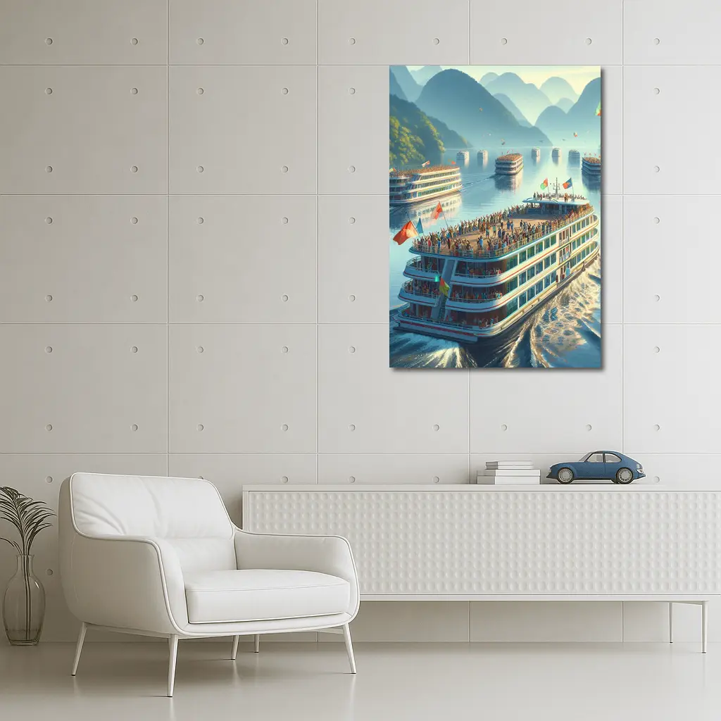 River Cruise Ships Misty Mountain Landscape – Wall Art