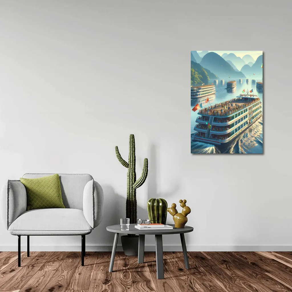 River Cruise Ships Misty Mountain Landscape – Wall Art