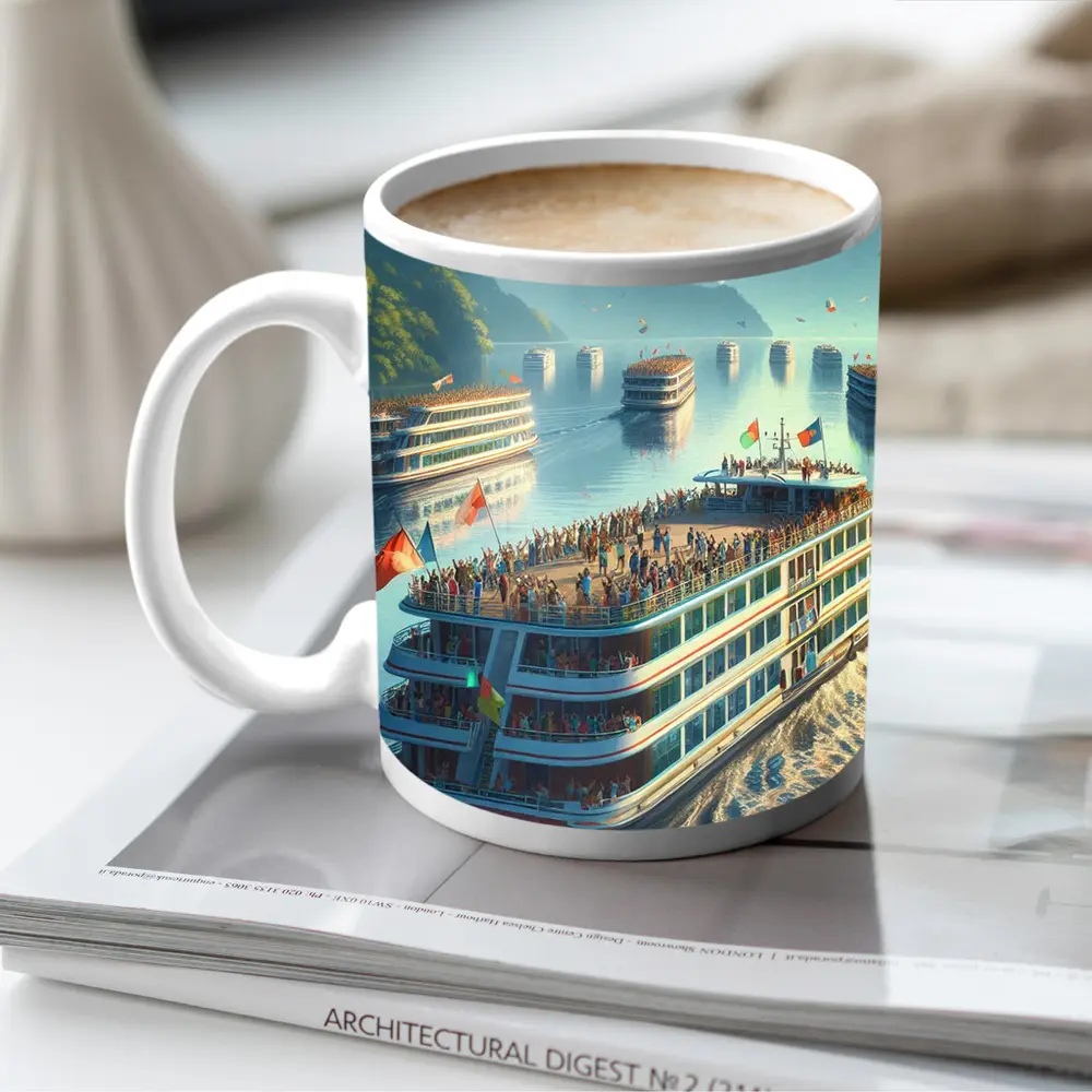 River Cruise Ships Misty Mountain Landscape – Mugs