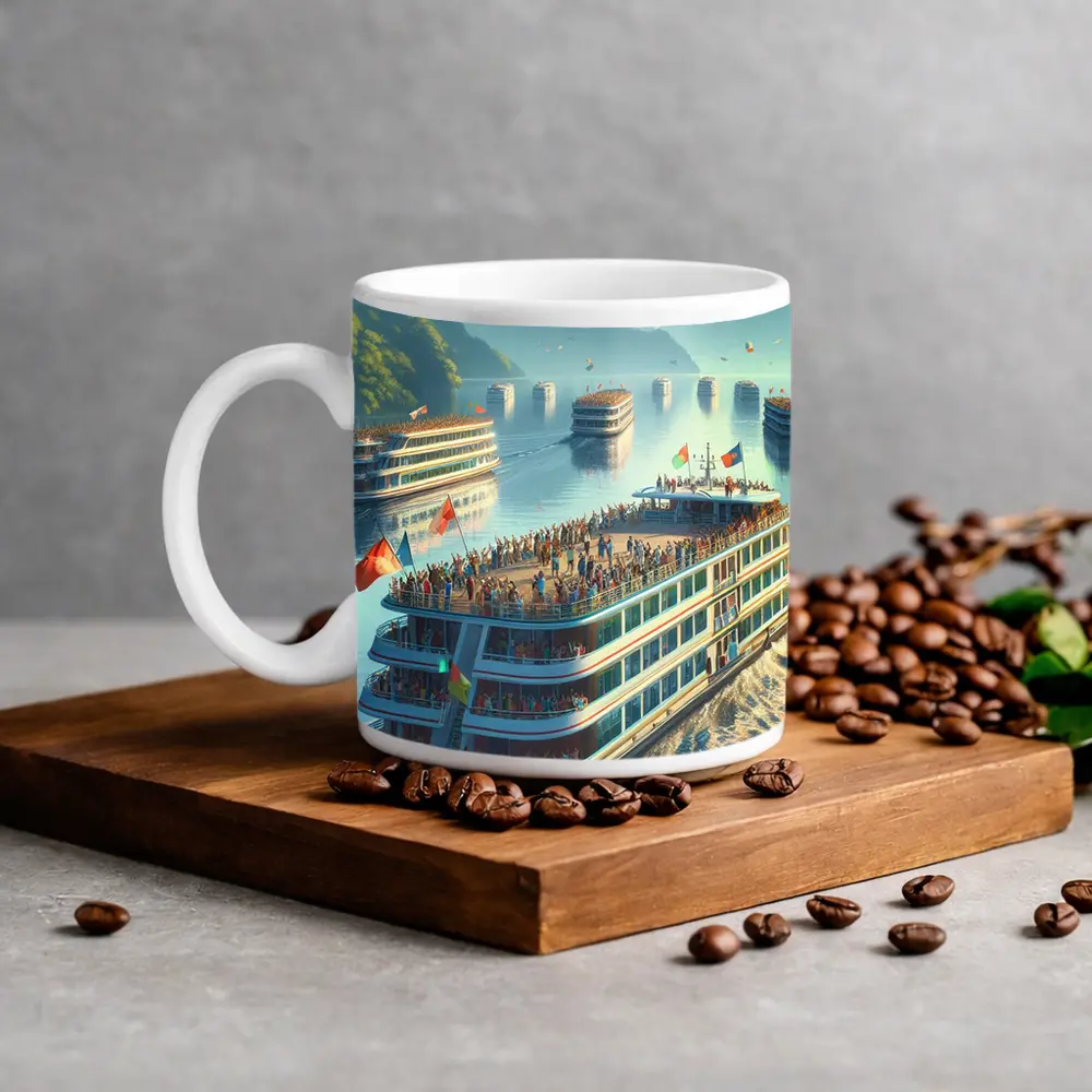 River Cruise Ships Misty Mountain Landscape – Mugs