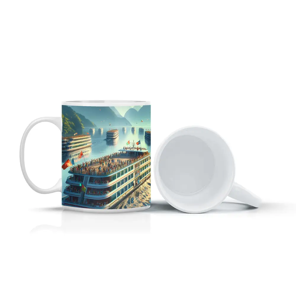 River Cruise Ships Misty Mountain Landscape – Mugs