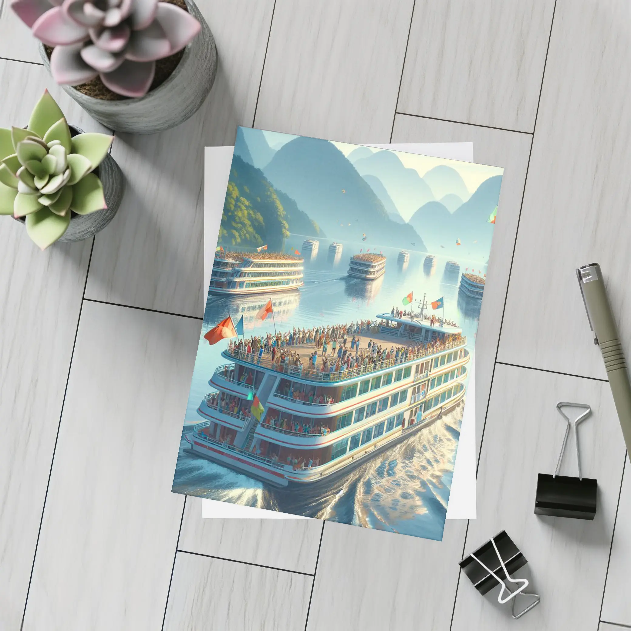 River Cruise Ships Misty Mountain Landscape – Postcards
