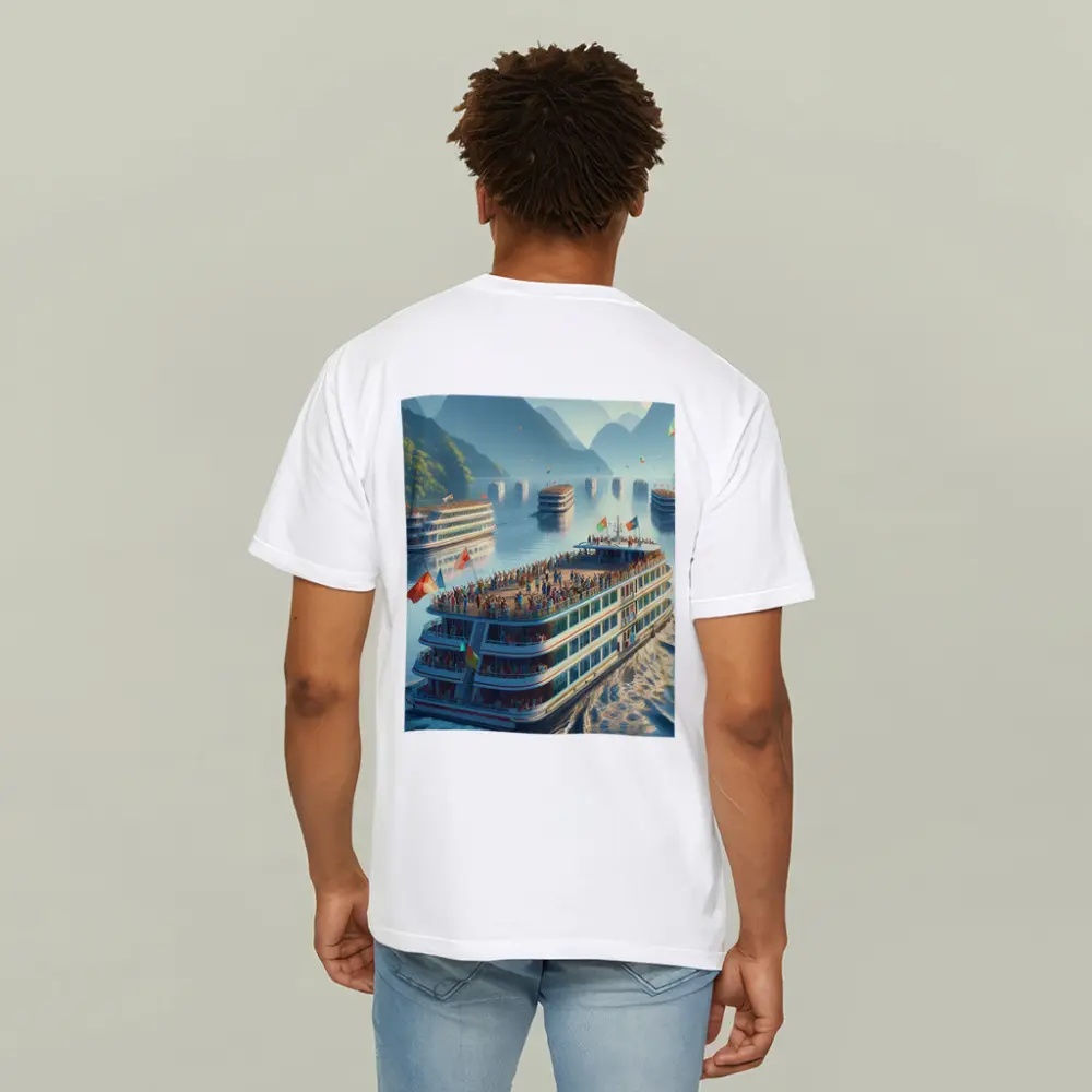 River Cruise Ships Misty Mountain Landscape – T-Shirts