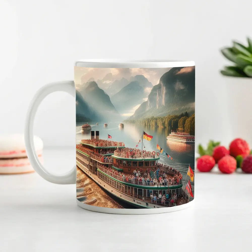 Festive River Cruise Ship Mountain Lake – Mugs