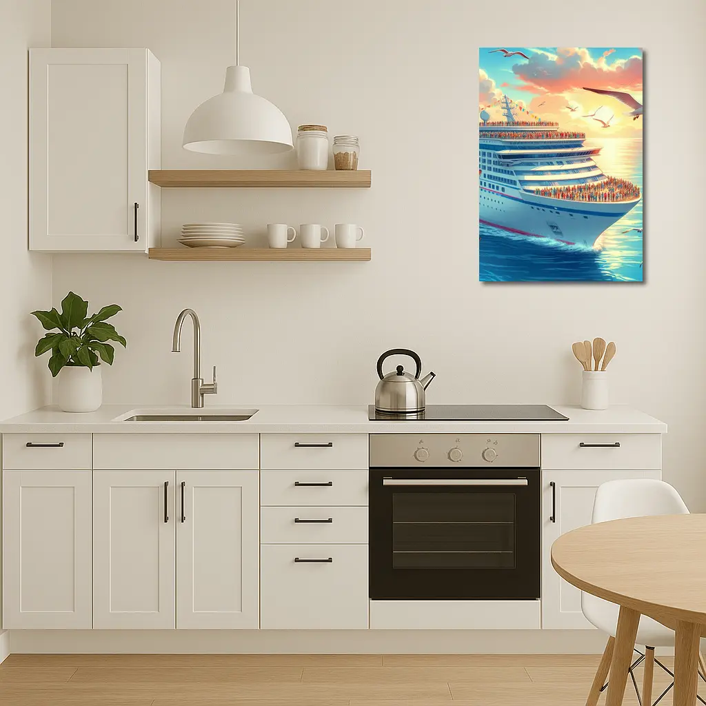 Cruise Ship Sunset Ocean Seagulls Illustration – Wall Art