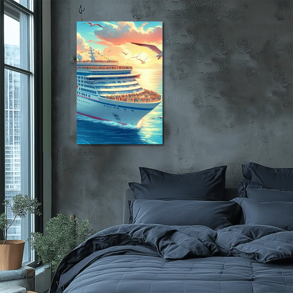 Cruise Ship Sunset Ocean Seagulls Illustration – Wall Art
