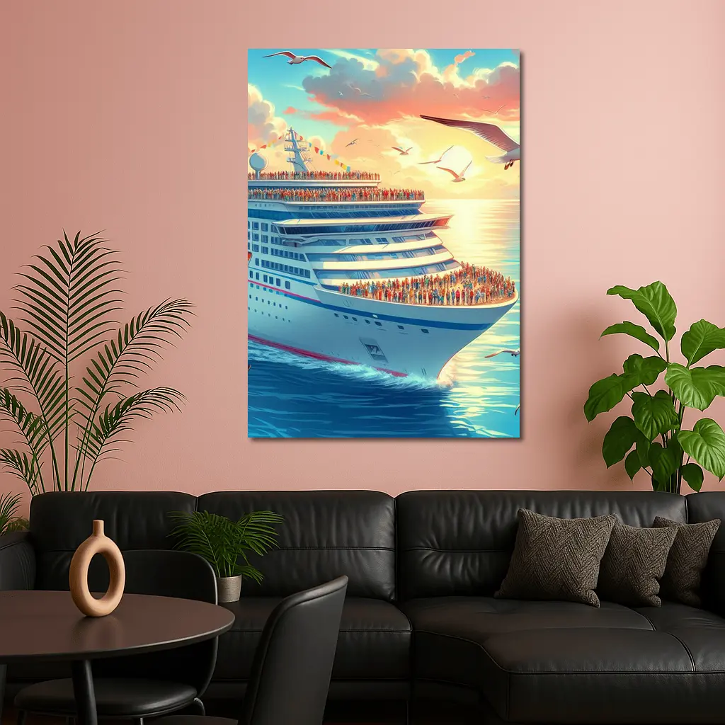 Cruise Ship Sunset Ocean Seagulls Illustration – Wall Art