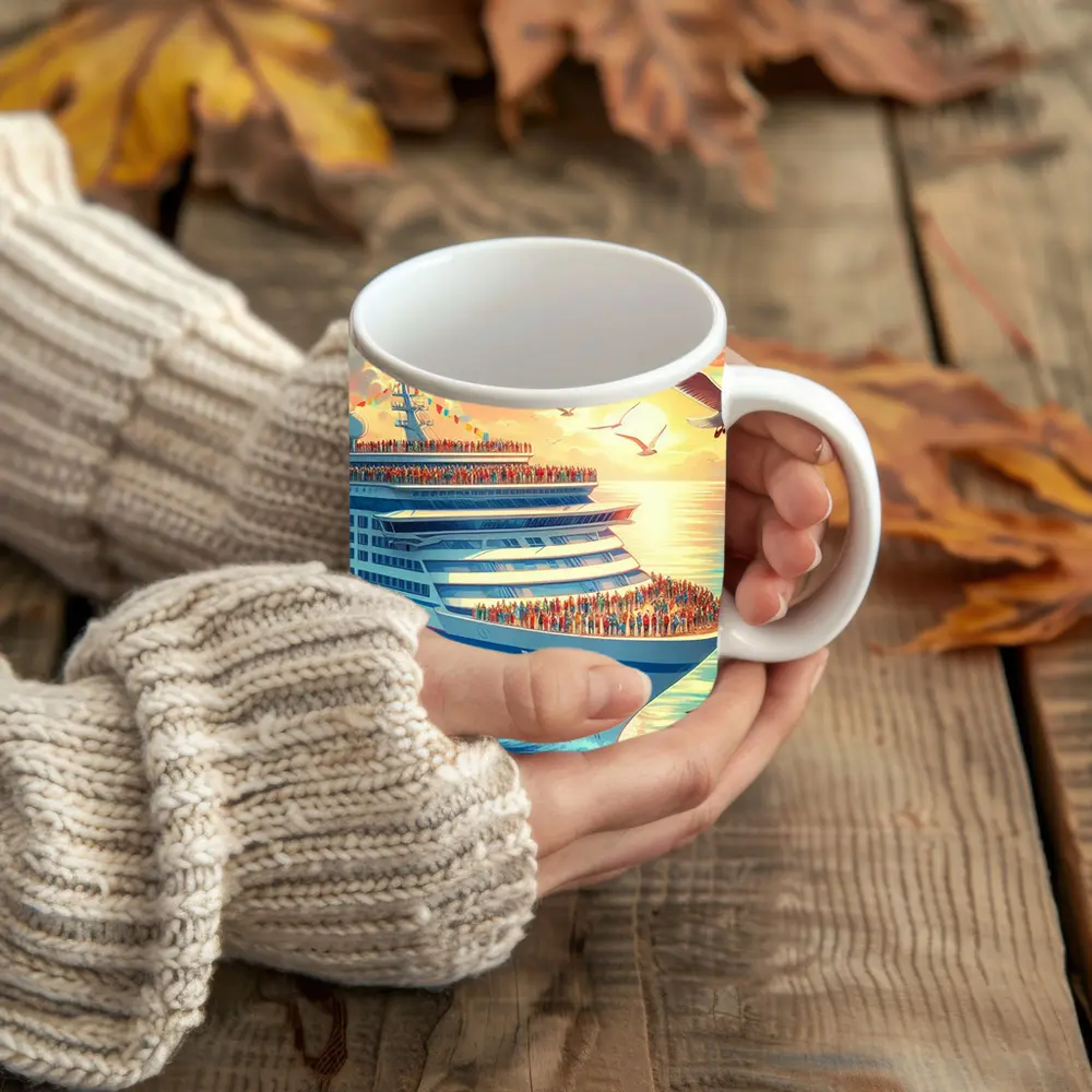 Cruise Ship Sunset Ocean Seagulls Illustration – Mugs