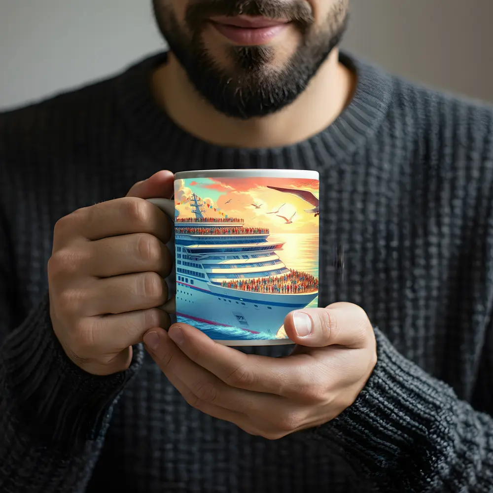 Cruise Ship Sunset Ocean Seagulls Illustration – Mugs