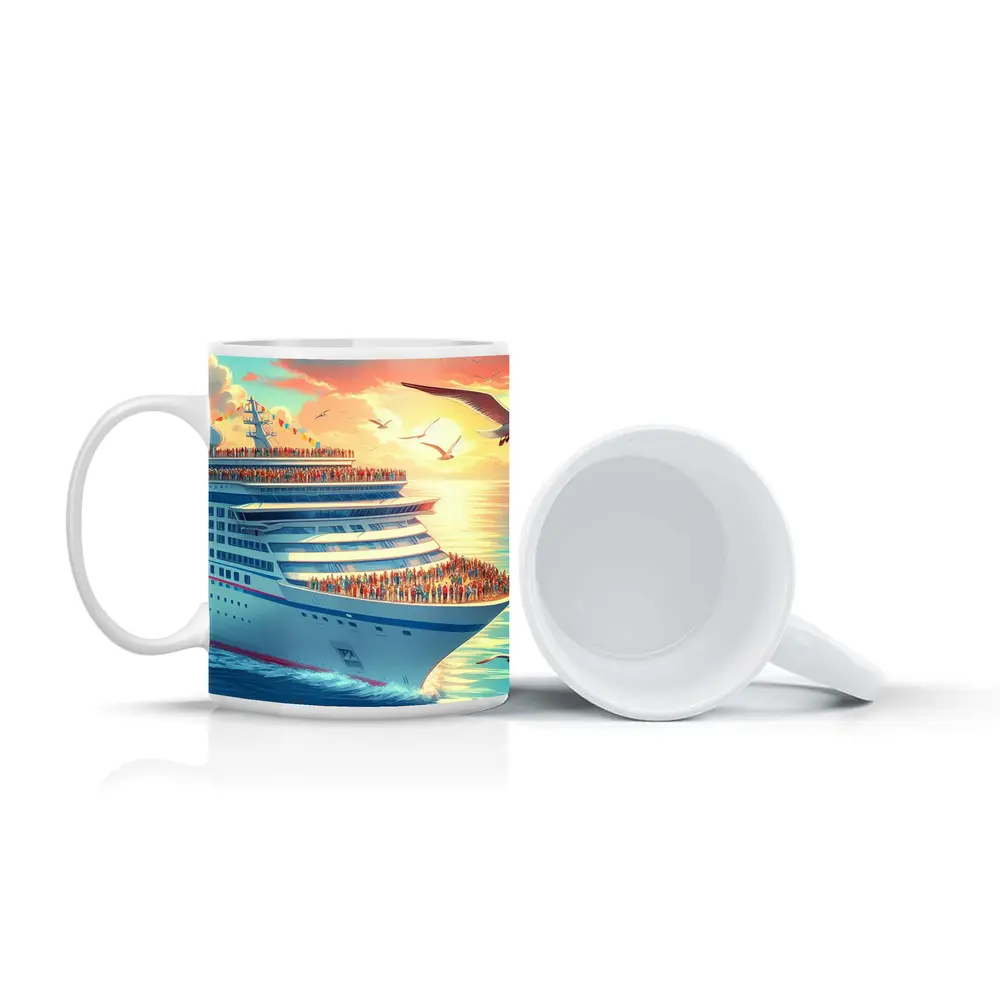 Cruise Ship Sunset Ocean Seagulls Illustration – Mugs