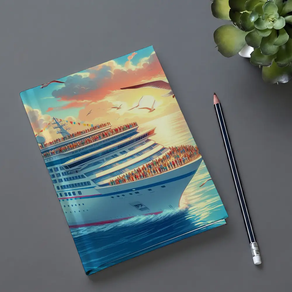 Cruise Ship Sunset Ocean Seagulls Illustration – Notebooks
