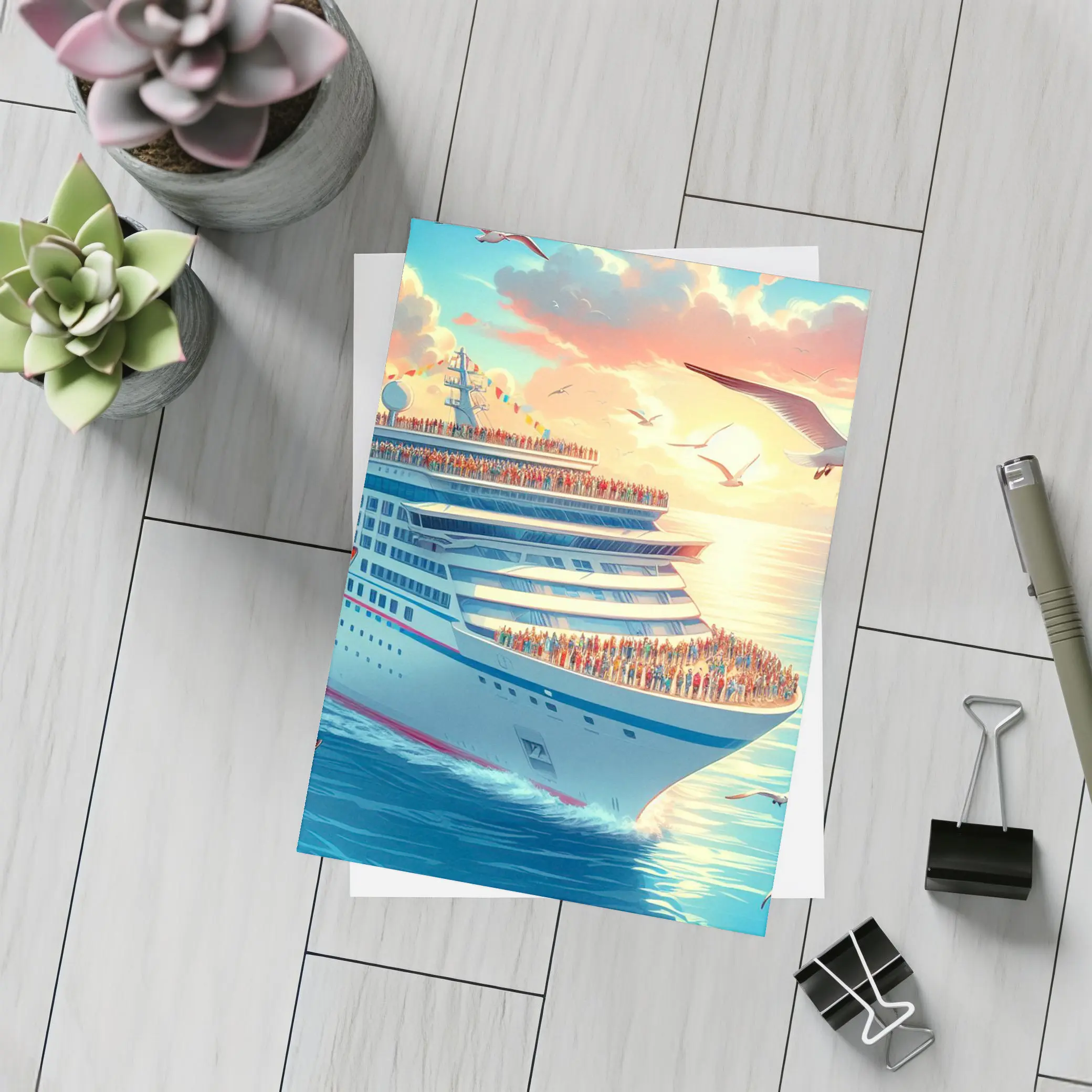 Cruise Ship Sunset Ocean Seagulls Illustration – Postcards
