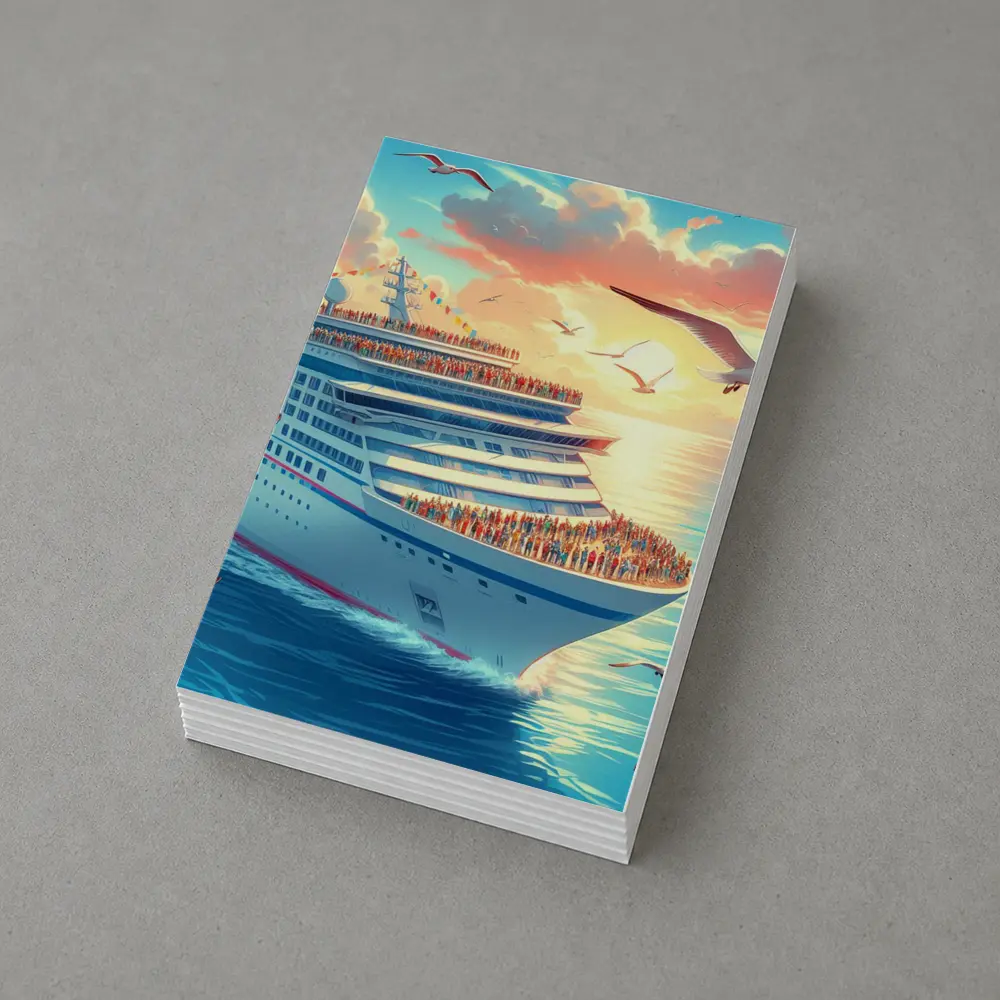 Cruise Ship Sunset Ocean Seagulls Illustration – Postcards