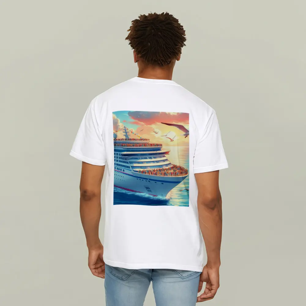 Cruise Ship Sunset Ocean Seagulls Illustration – T-Shirts