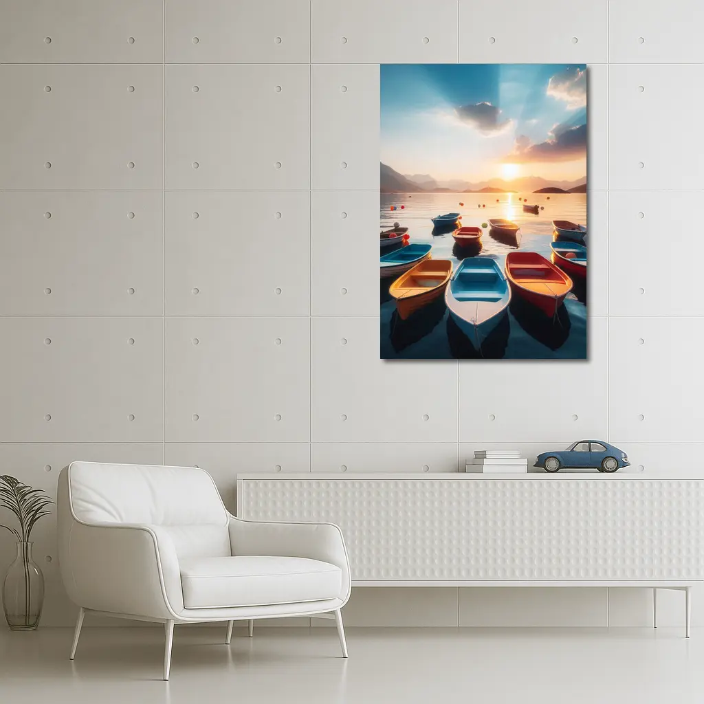 Colorful Boats Floating at Golden Sunset – Wall Art
