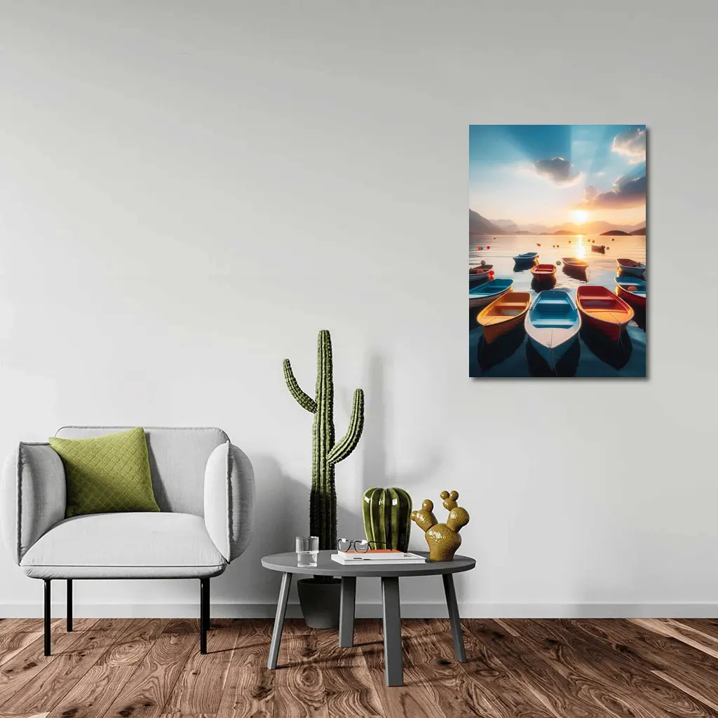 Colorful Boats Floating at Golden Sunset – Wall Art